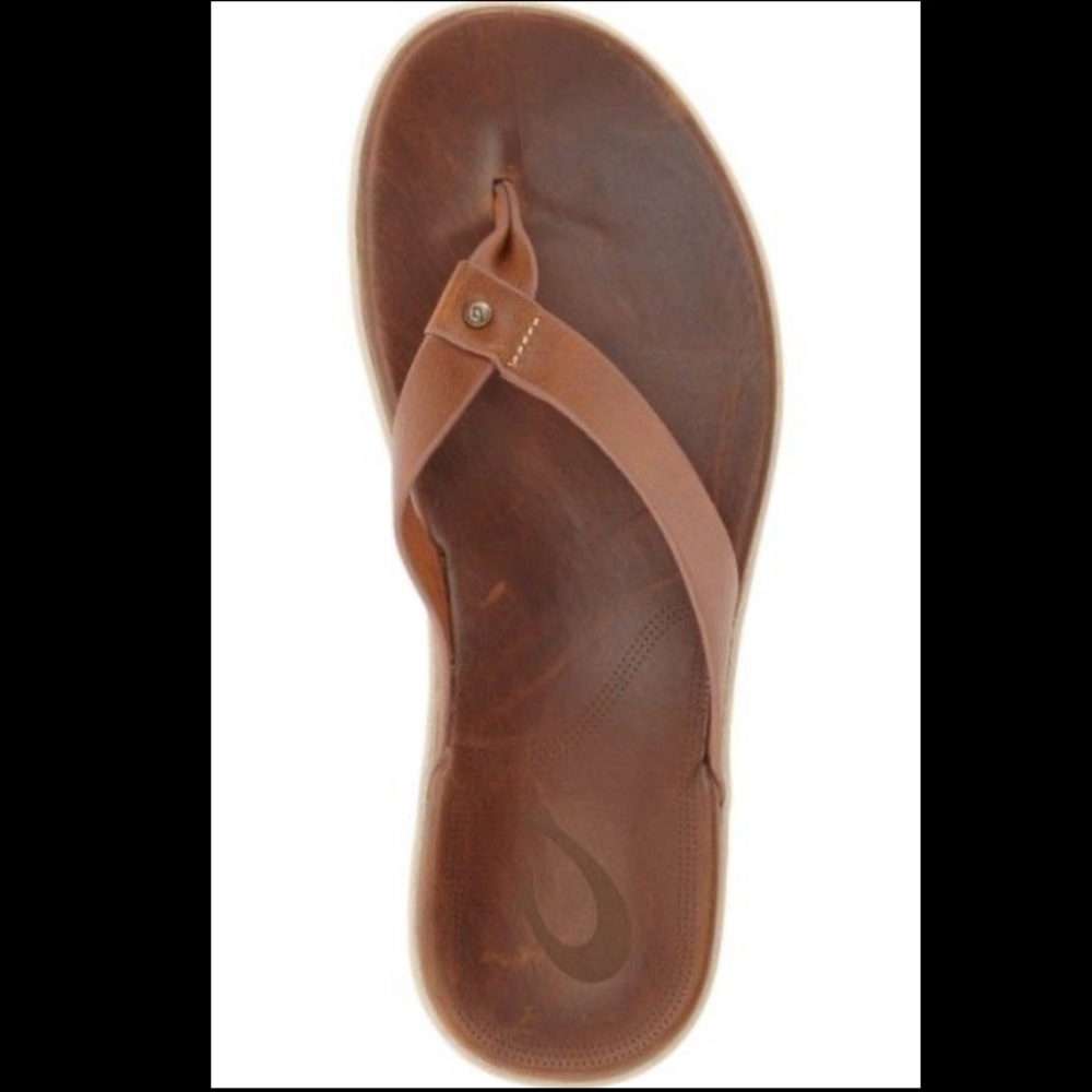 MEN OLUKAI 100% LEATHER COGNAC FLIP FLOP SANDAL 12